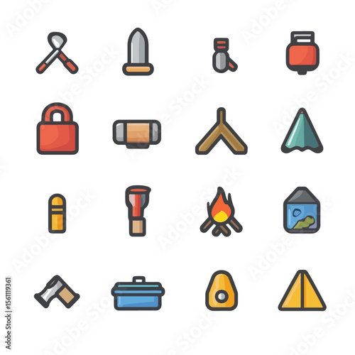 2D Flat icon Camping & Outdoor Equipment Icons isolated in White Background
