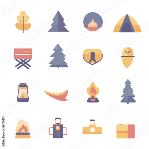 2D Flat icon Camping & Outdoor Equipment Icons isolated in White Background