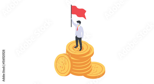 Isometric man with red tie on gold coin stack holding red flag