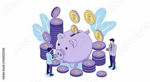 Isometric Piggy Bank Surrounded by Coins and Two People in Suits
