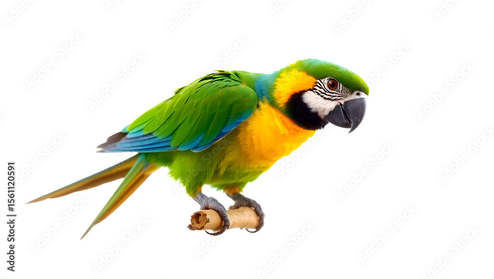 Fototapeta premium Colorful parrot perched against a clean white background, perfect for educational designs, wildlife art, and tropical-themed projects. 