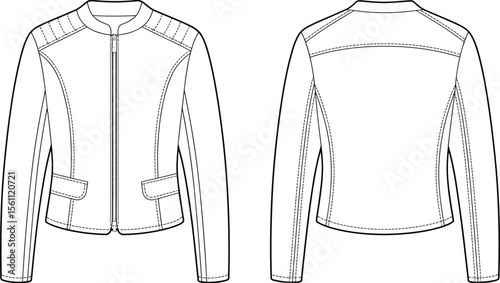 CAD drawing flat vector illustration of stylish long sleeve jacket, front and back views, technical stitching, pocket detail, fashion template, clothing layout, garment sketch