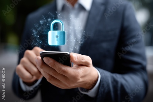 Businessman in formal suit holding smartphone with digital hologram lock icon representing cybersecurity and data protection concept