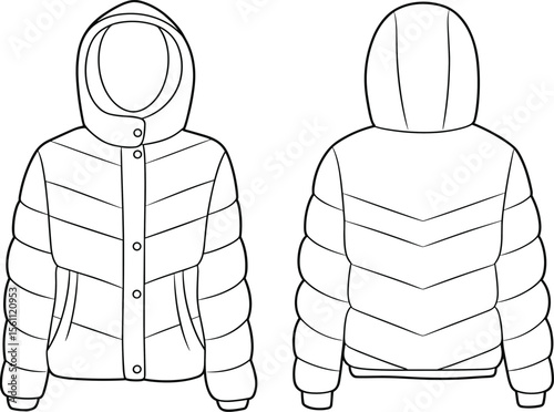 CAD drawing flat vector illustration of hooded puffer jacket, front and back views, quilted design, button closure, winter garment layout, fashion sketch, clothing template