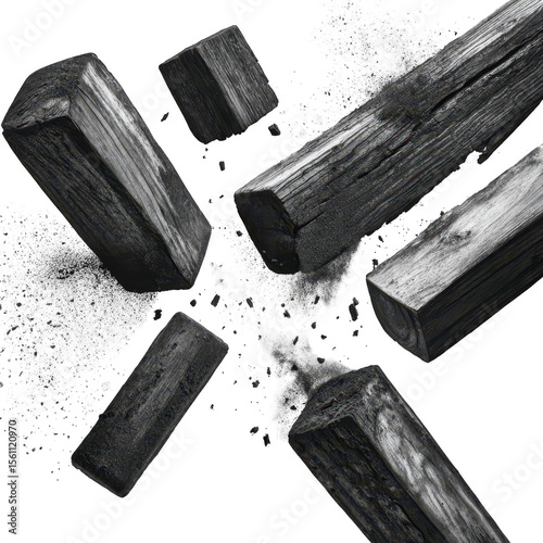 Dark wood blocks explode in a burst of white ash