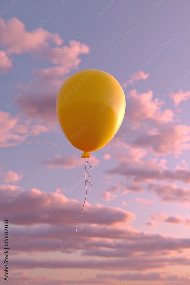 Obraz premium Bright yellow helium balloon floating skyward du sunset with pink clouds in the background creating a serene and whical outdoor scene