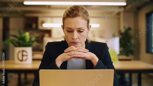 A woman in a business suit sits at a desk, staring blankly, her face shows fatigue and pressure, scene communicates digital burnout