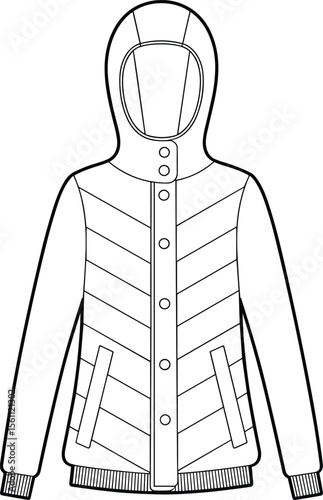 CAD drawing flat vector illustration of winter hooded jacket, flap pockets, ribbed hem, button closure, front and back view, technical sketch, fashion template, garment design