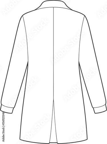 CAD drawing flat vector illustration of long sleeve coat, back view, tailored silhouette, structured design, garment layout, fashion sketch, clothing template, outerwear pattern
