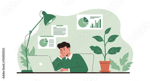 Thoughtful Man Working on Laptop with Green Office Decor