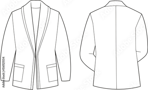 CAD drawing flat vector illustration of structured cardigan, front and back views, minimalist silhouette, seam detailing, stylish garment sketch, fashion design template, clothing layout