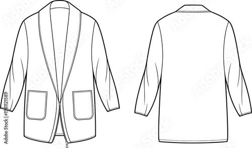 CAD drawing flat vector illustration of open-front cardigan, three quarter sleeve, patch pockets, front and back views, fashion sketch, technical layout, garment template, clothing design