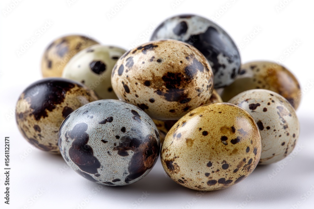 Obraz premium Quail eggs are clustered on a white surface showing speckled patterns and variations in color