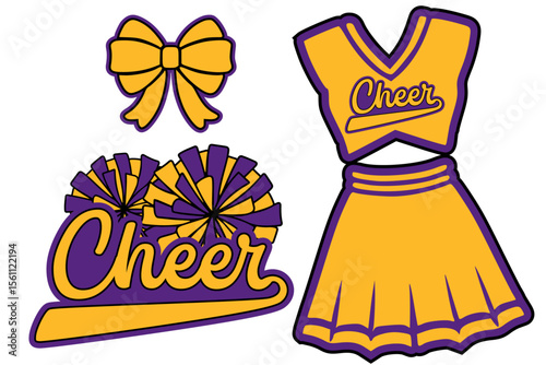 Cheerleading Pompoms, Cheerleader Dress and a Bow. Purple and Gold Cheerleader Vector illustration.