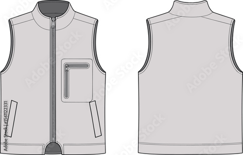 CAD drawing flat vector illustration of sleeveless vest, front and back views, zipper closure, pocket detail, fashion sketch, garment design layout, clothing template, technical style