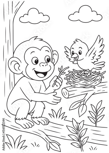 Coloring book page of a chimpanzee feeding a bird.