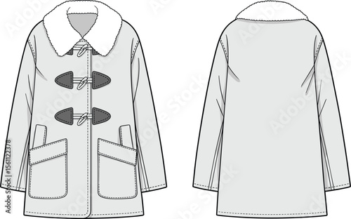 CAD drawing flat vector illustration of winter coat, toggle closure detail, hooded design, front and back views, fashion sketch layout, garment template, outerwear blueprint