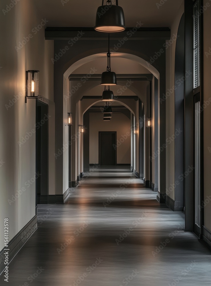 Obraz premium A long, elegant hallway with arched doorways and stylish lighting.
