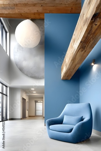 Modern interior design with blue accents and unique lighting