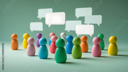 Colorful wooden peg dolls gather around, listening intently to a central figure, as blank speech bubbles float above, symbolizing communication and discussion.
