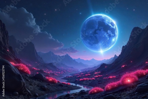 Cosmic Entity Illuminates Alien Planet Bioluminescent Flora in a Desolate Landscape
