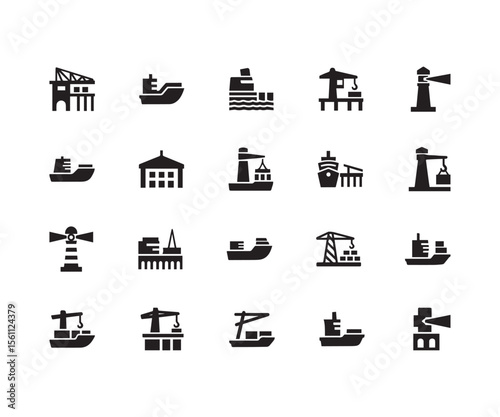 Cargo & Passenger Ship Icons: Black Flat Vector Set for Marine Transport