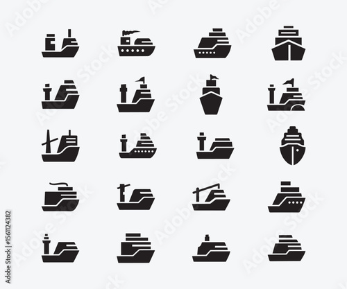 Cargo & Passenger Ship Icons: Black Flat Vector Set for Marine Transport
