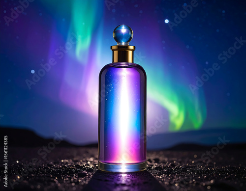 A sleek perfume bottle gleams with vibrant hues under the mesmerizing aurora borealis, a symphony of color and light.