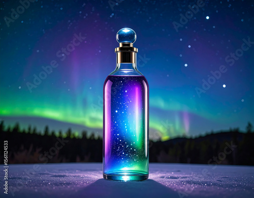 Mystical glass bottle filled with starry sky liquid under the vibrant northern lights creating a magical, ethereal atmosphere.