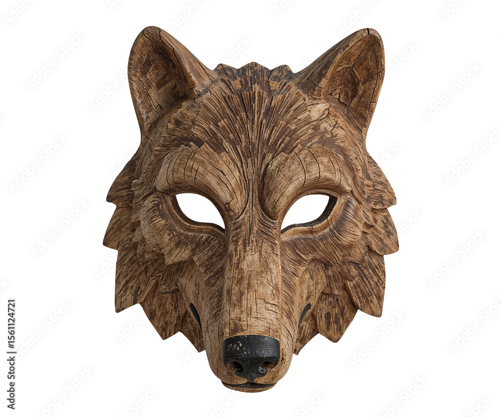 Naklejka premium Intricately Carved Wooden Wolf Head Displaying Remarkable Detail and Texture Against a Dark field for a striking contrast