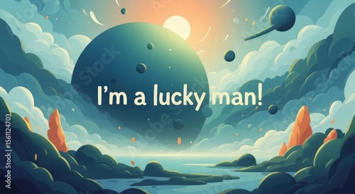 Digital artwork with the text I'm a lucky man over a surreal dreamy landscape featuring clouds, planets, and water for fantasy concept.