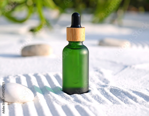 A vibrant green essential oil bottle stands on white sand with stones, suggesting natural wellness and aromatherapy relaxation.