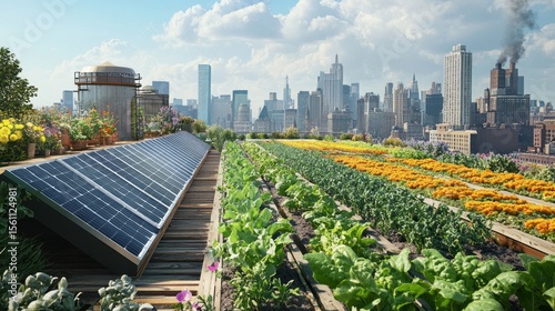 Urban rooftop farm with solar panels, overlooking a city skyline. Lush gardens, colorful vegetables, and sustainable energy source.