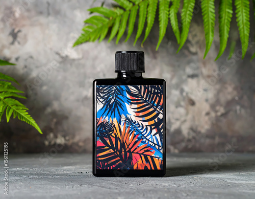 Stylish black bottle featuring a vibrant tropical leaf design, set against a textured background with fresh green ferns for a natural aesthetic.
