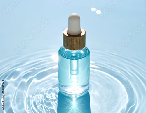 A beautiful clear bottle of hydrating face serum rests on a rippled water surface under bright light, showcasing natural skincare.