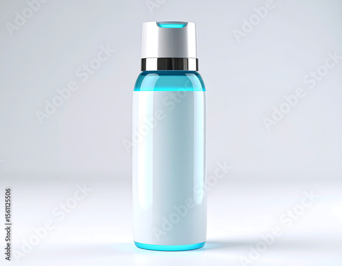 Sleek blue cosmetic bottle showcasing a clean white label against a soft, neutral backdrop, suitable for various beauty product promotions.