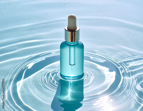 Elegant turquoise serum bottle stands amidst delicate water reflections creating a visually appealing presentation for skincare.