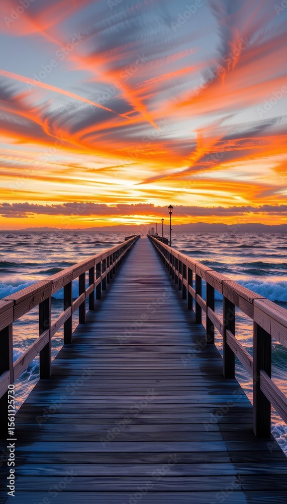 Fototapeta premium Serene Sunset Over Pier with Vibrant Sky and Gentle Waves
