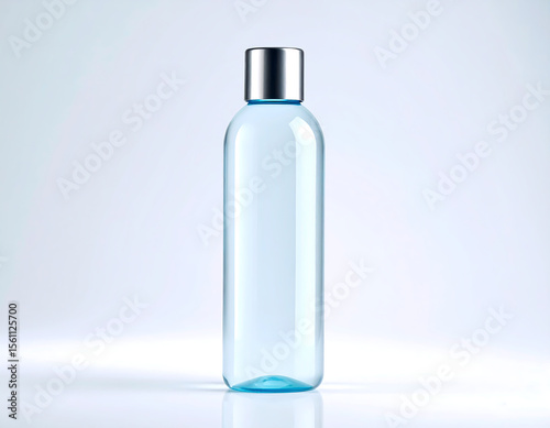Minimalist blue bottle with a silver cap stands elegantly on a bright surface, perfect for skincare or cosmetic product presentation.