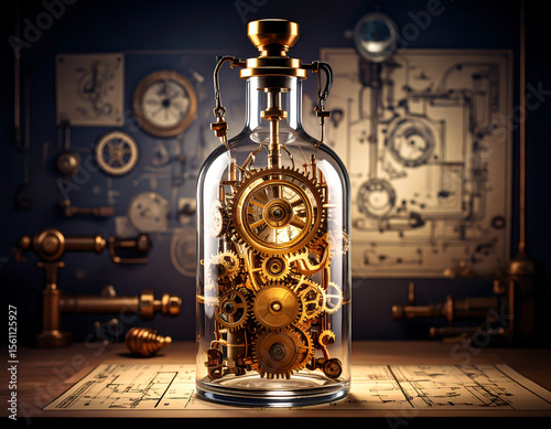 An artistic steampunk still life shows golden gears and cogs encased in a glass bottle creating an intriguing mechanical composition.