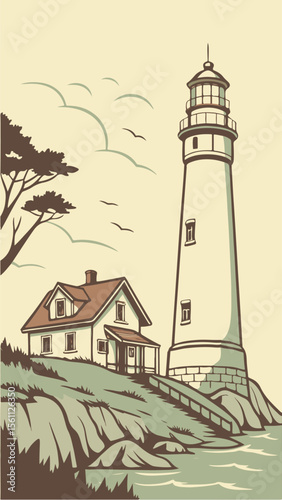 Coastal Beacon's Vigil: An illustration of a classic lighthouse stands tall, guarding the shore alongside a charming house, all beneath a picturesque sky filled with serenity. 