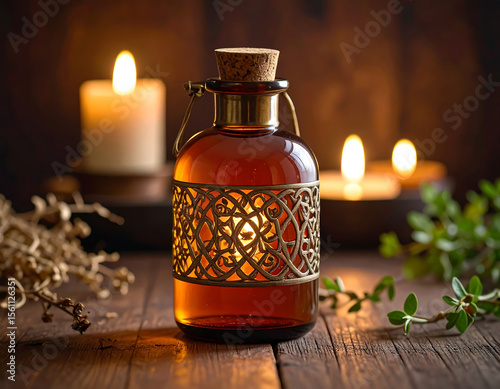 Warm candlelight glows behind a decorative amber glass bottle, evoking a feeling of peaceful ambiance on rustic wooden surface.
