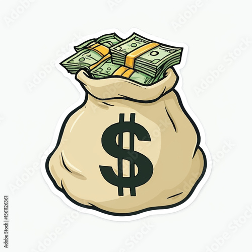 Money Bag with Cash - Financial Success, Wealth & Investment Icon Illustration