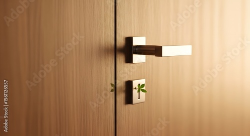 Close-up of a wooden door with a metallic handle and keyhole with a plant inside. Warm lighting highlights the texture and details of the door.