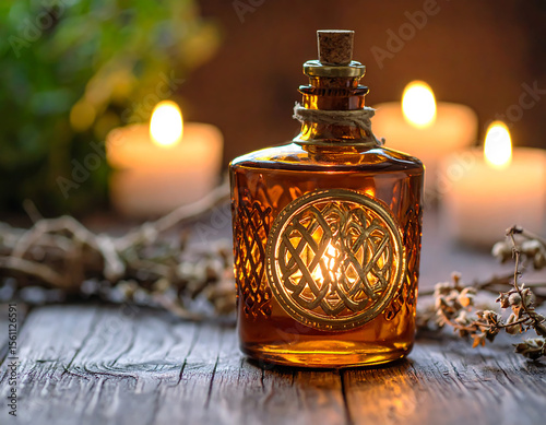 Warm candlelight glows through an amber bottle with decorative gold emblem, evoking a sense of calm and old-world charm on weathered wooden planks.