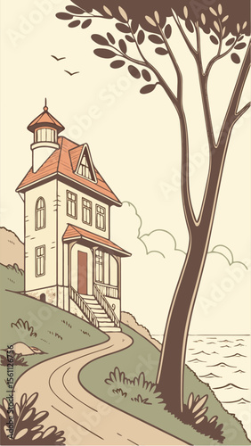 Coastal House Illustration: A charming coastal house illustration, featuring a Victorian-style house with a red roof and a lighthouse-style tower, situated on a hillside overlooking the sea.