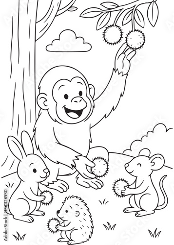 Coloring book of baby orangutan sharing fruits with forest animal friends.