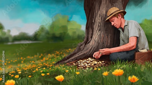Man hides gold coins under tree, spring meadow