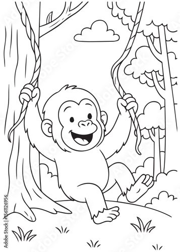 Coloring book of baby orangutan swinging on vines between forest trees.