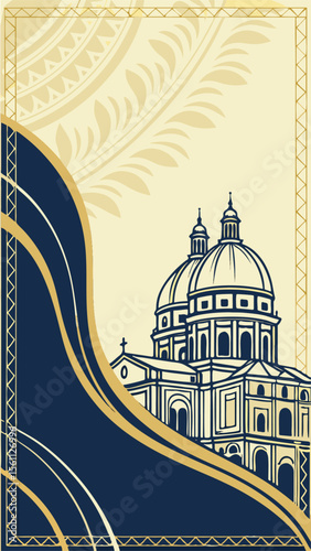 Architectural Grandeur in an Artistic Layout: A stylized depiction of a magnificent architectural structure, showcasing intricate details within a classical framework.